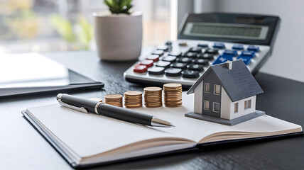 tax day background,House model, house placed on a white surface, next to a calculator, a pencil, and some coins, symbolizing home finances, budgeting, or real estate planning.	