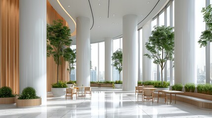 A office lobby lounge area. Tall white columns and large windows overlooking city view, tables surrounded by greenery, curved wooden seating area, grey marble floor, clean lines, minimalist.