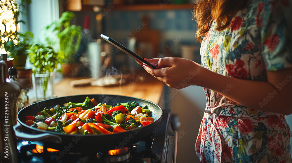 Wall mural vibrant woman cooking veggie stir-fry while using tablet.