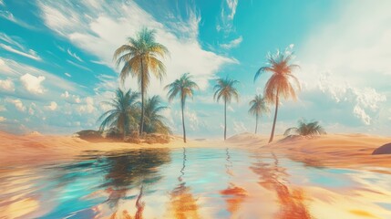 A distant desert oasis distorted by a mirage, with palm trees and water shimmering and blending into the sky above the sand