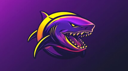 Obraz premium A fierce, cartoon shark mascot with sharp teeth and a purple, yellow, and pink gradient, against a purple background.