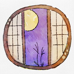  水彩 月見の夜を彩る、窓からのお月見の夜空、手描きイラスト
