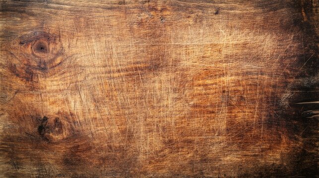 Weathered wooden kitchen desk, aged butcher block texture, rustic charm, detailed close-up of worn surface, evokes culinary tradition and homey atmosphere