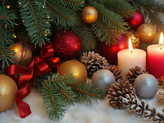 Festive Christmas Decorations with Candle and Ornaments in Cozy Holiday Setting