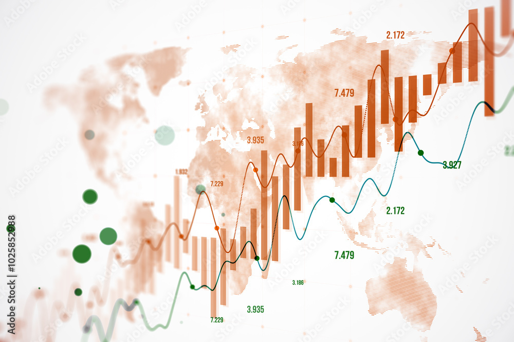 Fototapete data visualization with world map background. 3d rendering