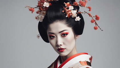  Elegant portrait of a beautiful geisha in a traditional kimono.