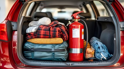 Fire Extinguisher and Safety Gear in Car Trunk for Emergency Preparedness