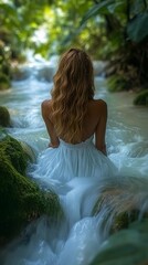 Fototapeta premium Woman in white dress sitting in flowing river surrounded by lush greenery.