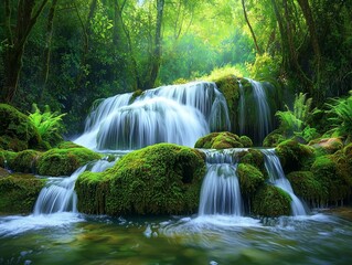 Obraz premium Cascading waterfall over moss-covered rocks in a lush tropical forest.