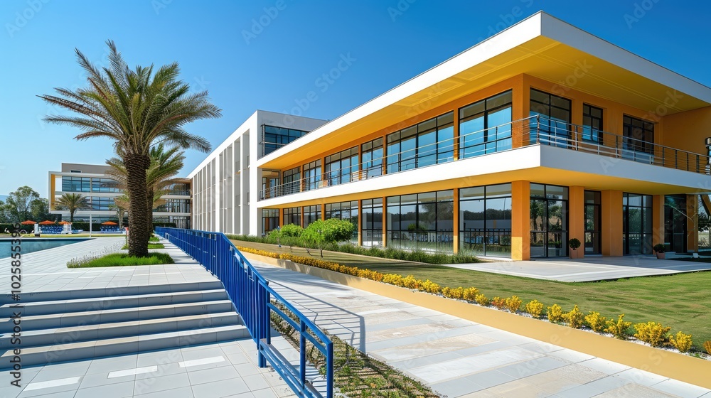 Poster The architectural exterior design features a light yellow and white color scheme, with double-cream walls and glass windows on the first floor of an office building in the front view.