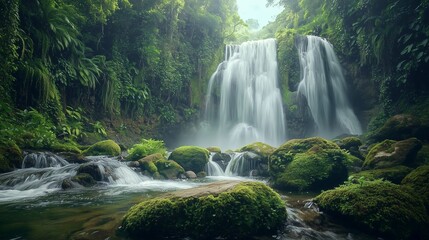 Obraz premium Majestic waterfall flowing into a moss-covered rocky stream in a tropical jungle.