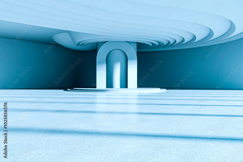 Aufkleber empty modern interior with blue tones and wave ceiling design. 3d rendering