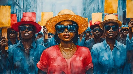 Watercolor illustration of a vibrant rally advocating for the abolition of slavery