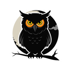 Fototapeta premium Black owl with glowing eyes perched