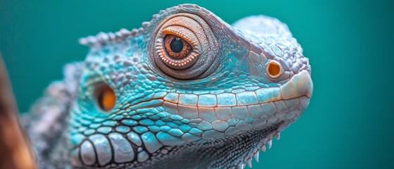 Fototapeta premium A clear lizard face with a softly blurred background and a blue sky above