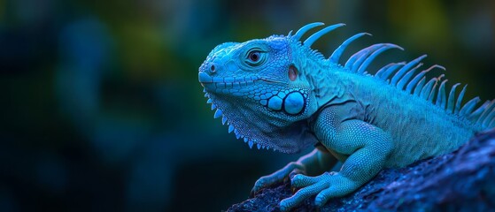 Fototapeta premium A tight shot of an iguana perched on a tree branch against softly blurred background trees