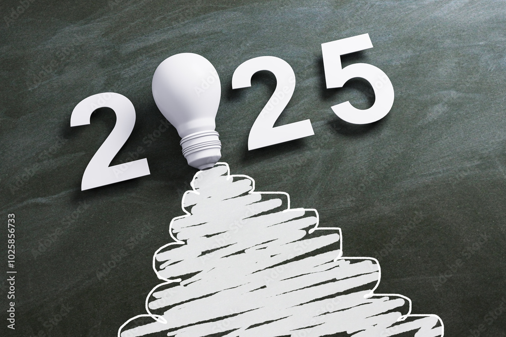 Poster innovative 2025 concept with lightbulb and numbers on chalkboard background. 3d rendering