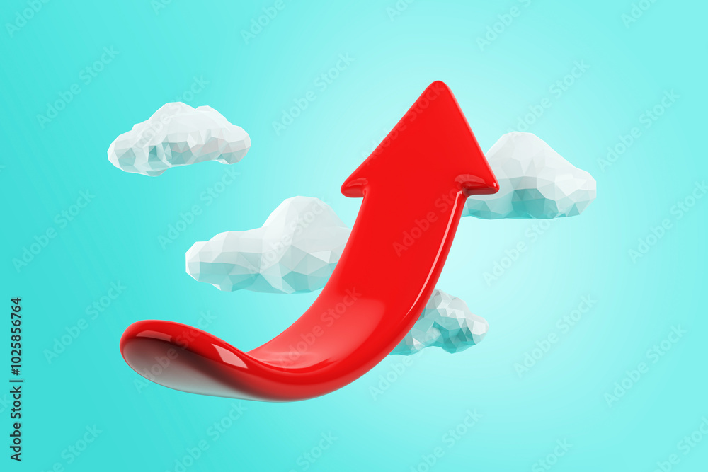 Poster Red upward arrow with clouds on a blue background. 3D Rendering