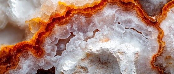 Obraz premium A tight shot of a rock formation displaying orange and white layers, with ice caps visible at the top