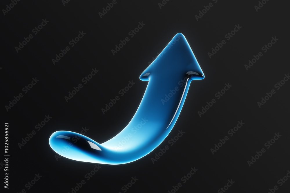 Poster upward arrow symbolizing growth and finance concept in blue on a black background. 3d rendering