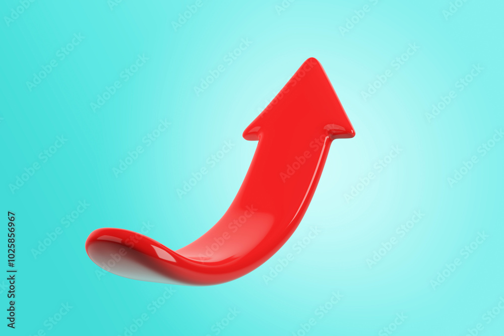 Poster Red upward arrow on a teal background, symbolizing growth and progress. 3D Rendering