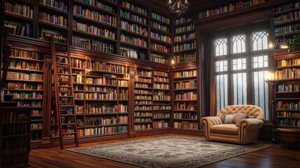 A Victorian-style library with floor-to-ceiling bookshelves