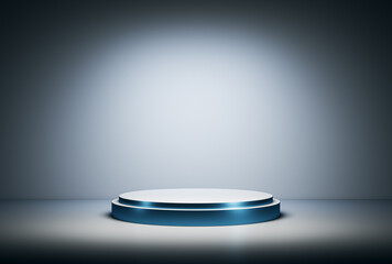 Modern circular podium under spotlight in a clean exhibition room. 3D Rendering