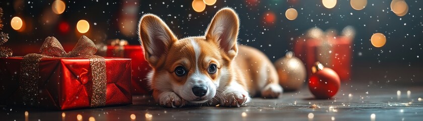 Obraz premium Christmas theme header with corgi, realistic 4k