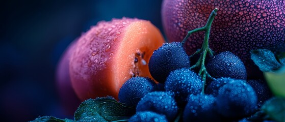  A tight shot of various fruits with water droplets clinging to them and reversely placed fruits in the background