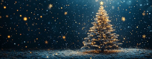 Naklejka premium Christmas tree with golden snowflakes on a dark blue background, vector illustration.