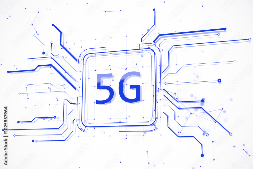 Poster Circuit design with 5G technology concept. 3D Rendering