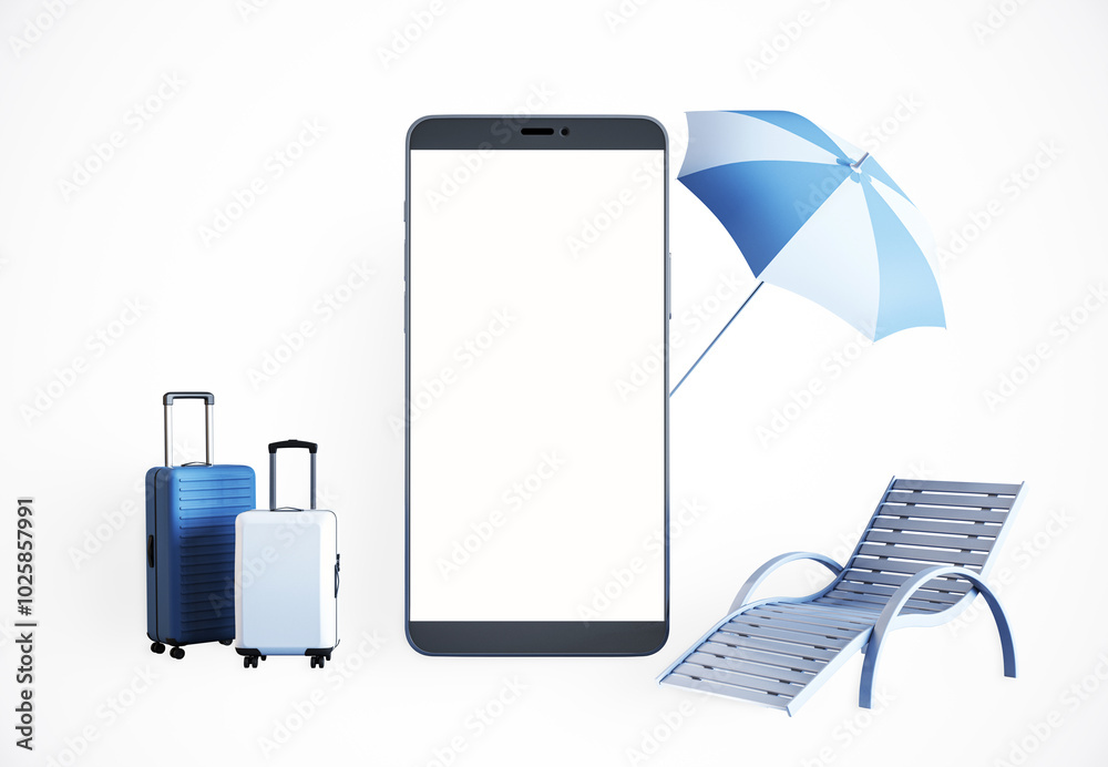 Poster summer vacation setup with smartphone and luggage. 3d rendering