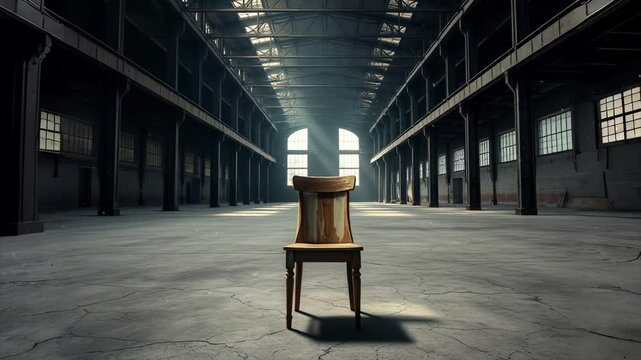 A single, weathered wooden chair sits in the center of an expansive, empty warehouse, bathed in the soft light of overhead skylights. Create a sense of loneliness and contemplation.