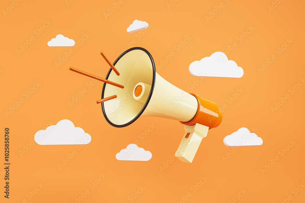 Poster Megaphone with clouds on an orange background. 3D Rendering