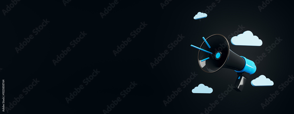 Aufkleber Megaphone with clouds on a dark background for marketing message. 3D Rendering