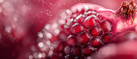  A tight shot of a pomegranate, adorned with water droplets atop