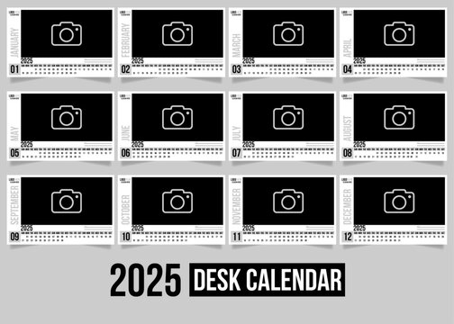 2025 Elegant Minimalist Desk Calendar Template - Black and White Design, 12 Pages for Easy Print