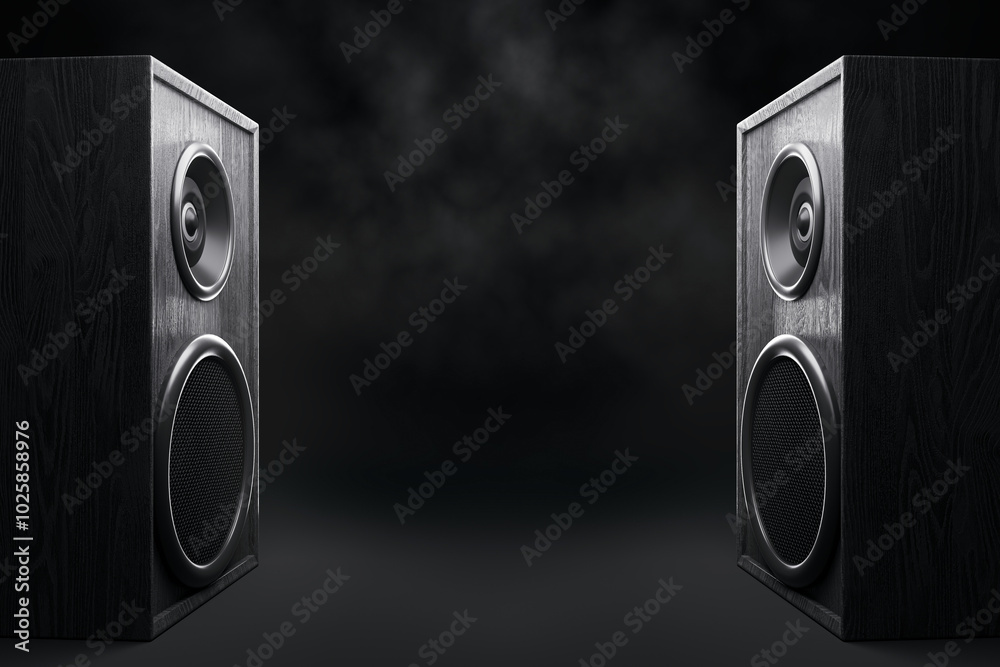 Aufkleber speakers on dark background for music equipment display. 3d rendering