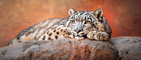 Fototapeta premium A snow leopard in tight focus, perched atop a stone, before a scarlet backdrop with orange hues