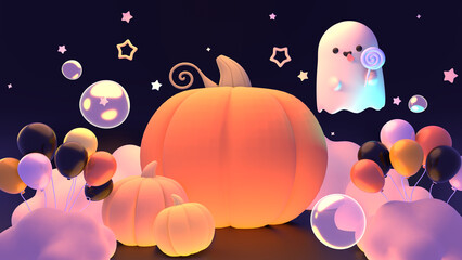 3D render cute ghost and Halloween balloon party.