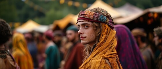 Fototapeta premium A tight shot of an individual adorned with a headdress amidst a throng of people and their tents in the backdrop