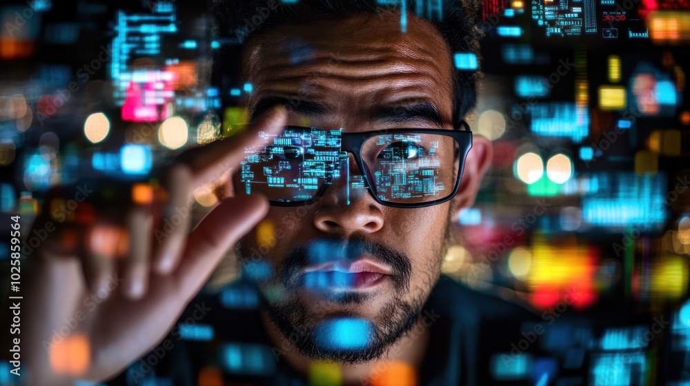 Poster close-up of a man's face with digital data reflected in his glasses