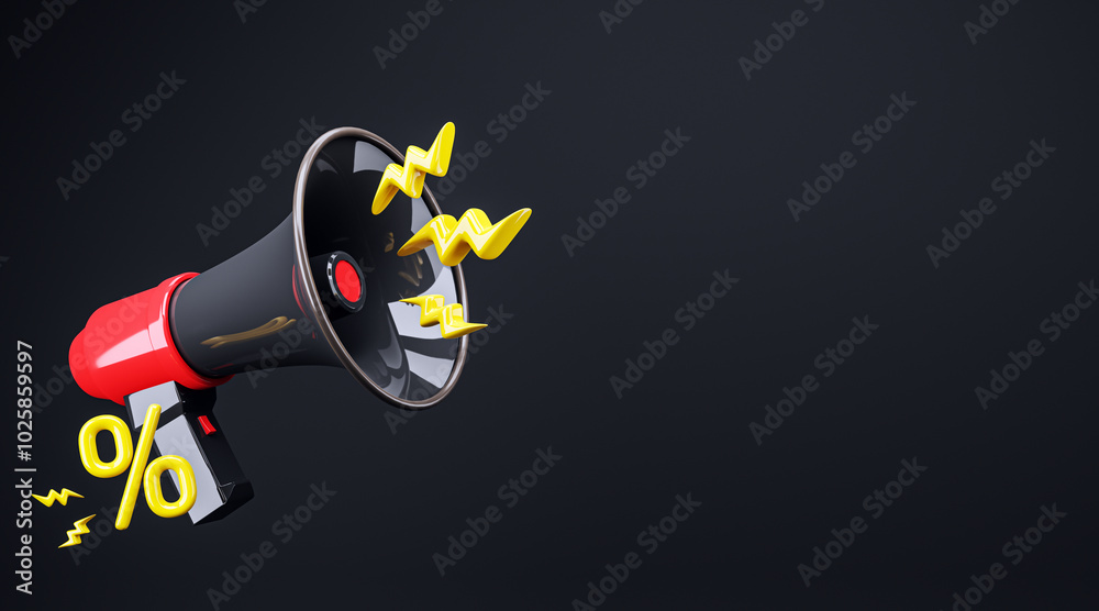 Poster Megaphone with Sound Waves and Discount Symbol on Dark Background. 3D Rendering
