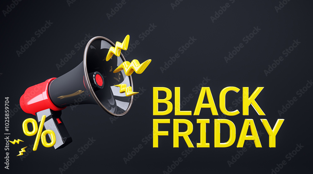 Poster Megaphone with Black Friday Promotion Elements. 3D Rendering