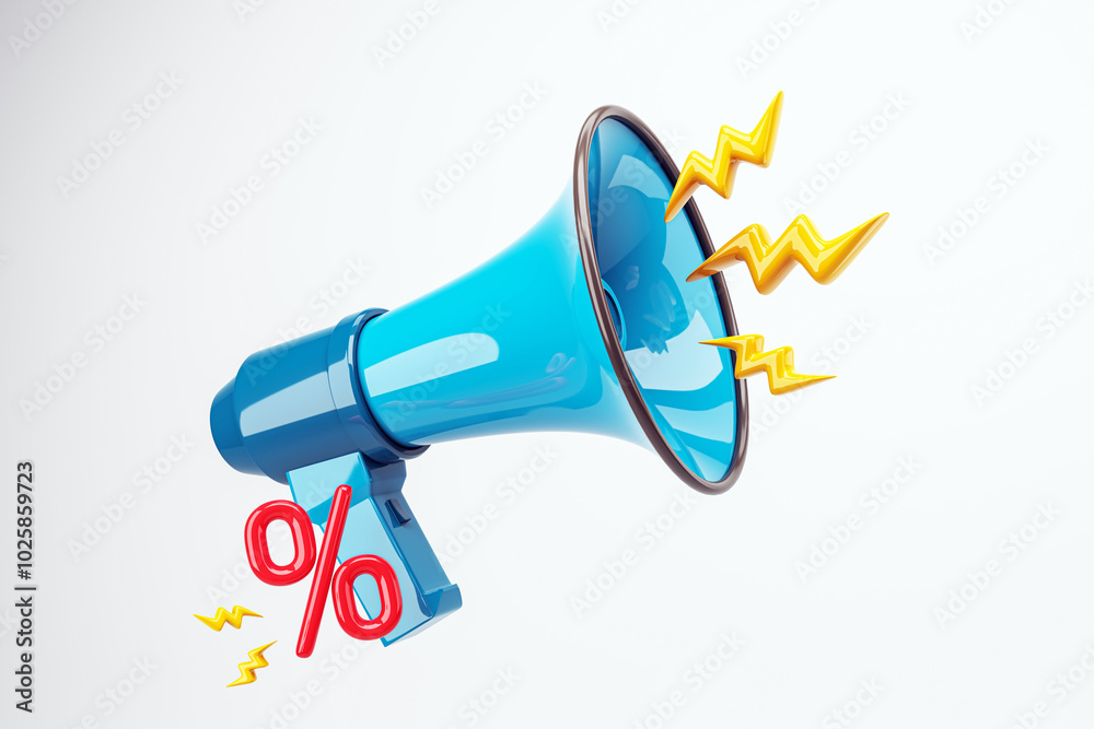 Poster Megaphone with Discount Symbol and Sound Waves. 3D Rendering
