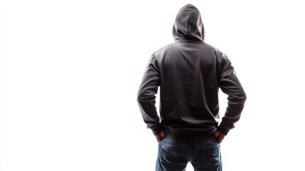 Full-body back view of man in hoodie and jeans, standing casually on white background. Hands in pockets, relaxed