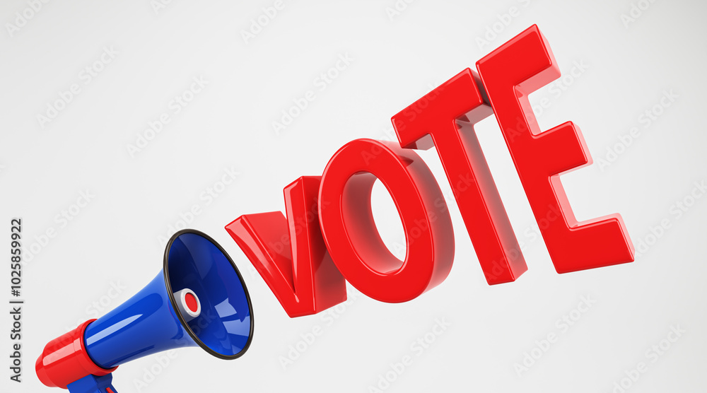 Aufkleber 3D rendering of a megaphone and the word VOTE in bold letters for election promotion. 3D Rendering