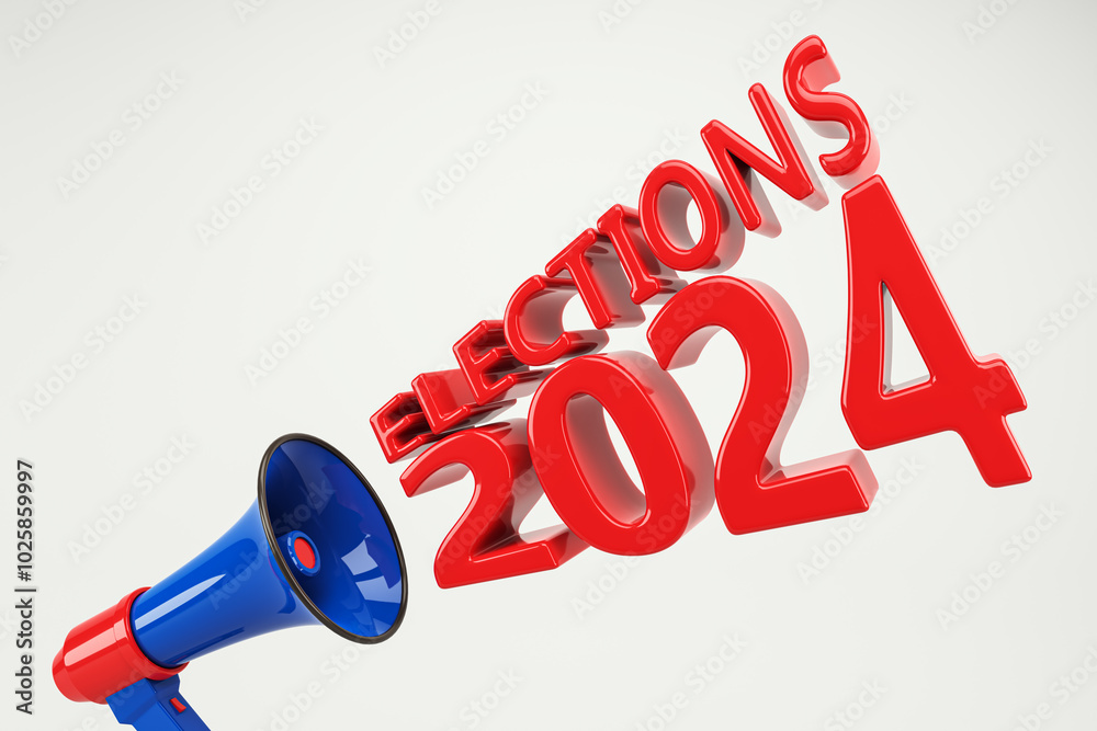 Poster elections 2024 banner with megaphone in red and blue colors on a light background. 3d rendering