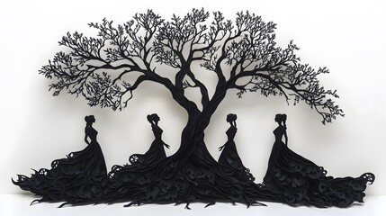 Papercut design of a tree with women standing strong as the roots