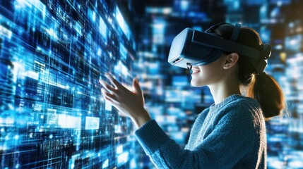 Woman in VR Headset Interacting with Digital Interface